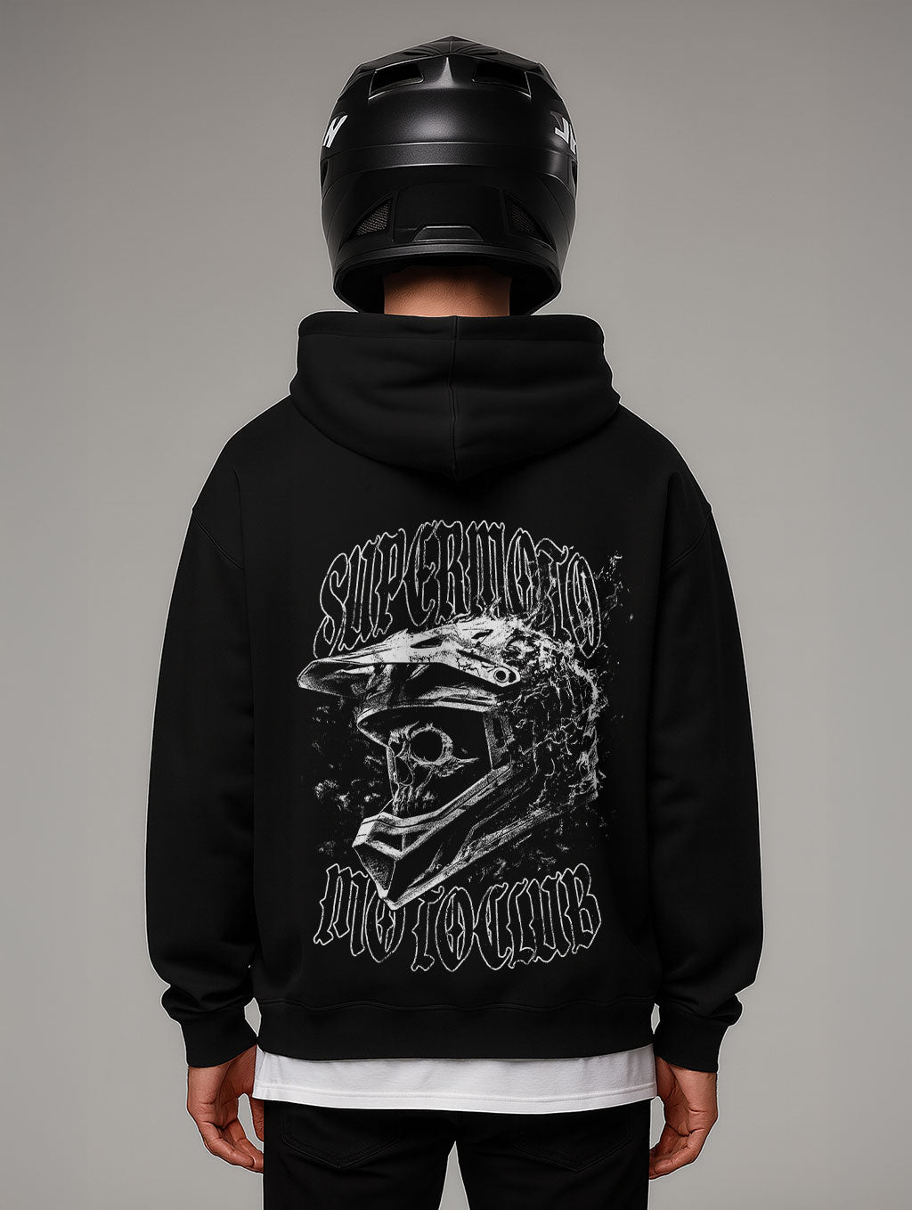 Supermoto Vintage Flame Skull Design Weiß Oversize Fit Hoodie