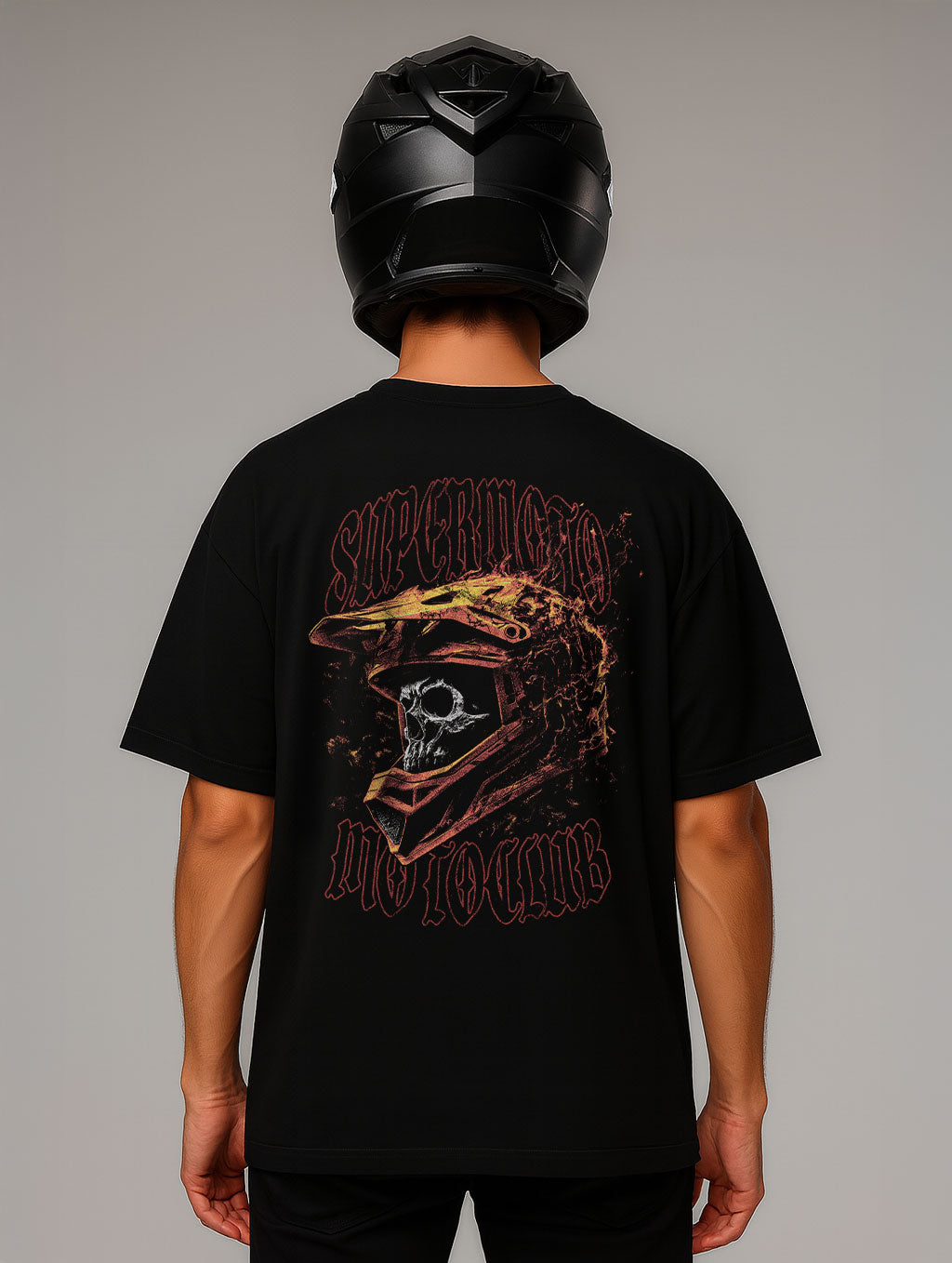 Supermoto Vintage Flame Skull Design Oversize Fit Shirt
