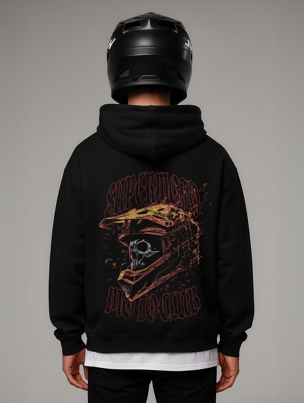 Supermoto Vintage Flame Skull Design Oversize Fit Hoodie