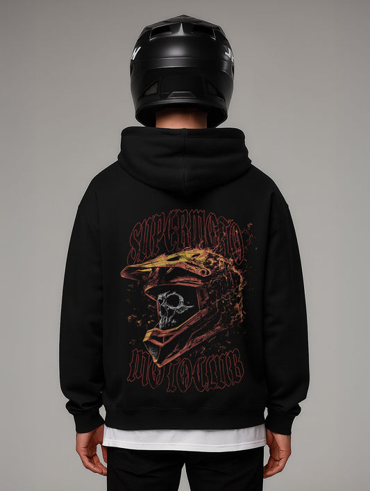 Supermoto Vintage Flame Skull Design Oversize Fit Hoodie