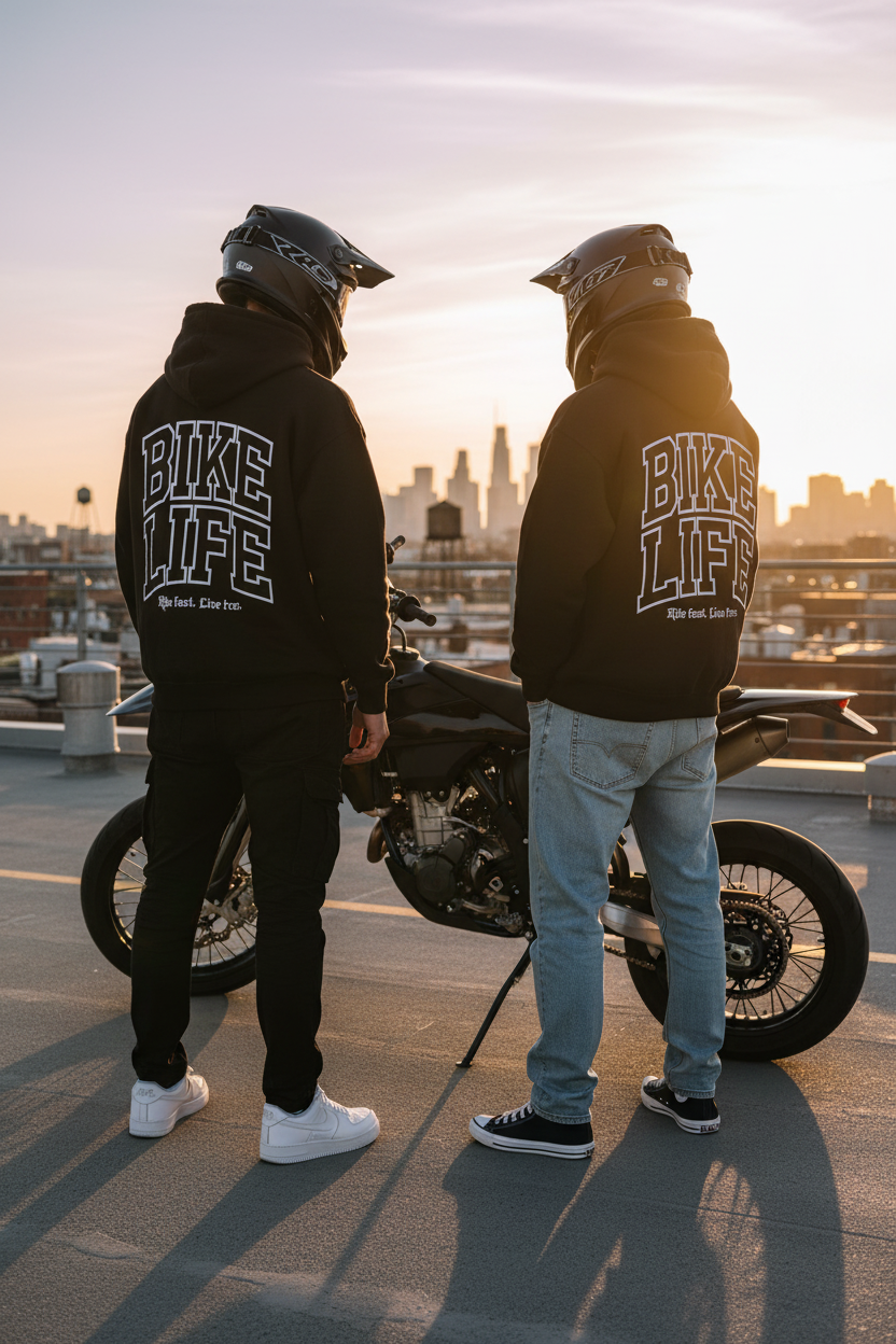 Bikelife Hoodie - Zwei Models Rooftop